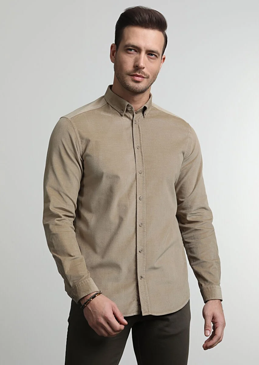 Deve Tüyü Fitilli Regular Fit Dokuma Kadife Casual Pamuk Karışımlı Gömlek - 3