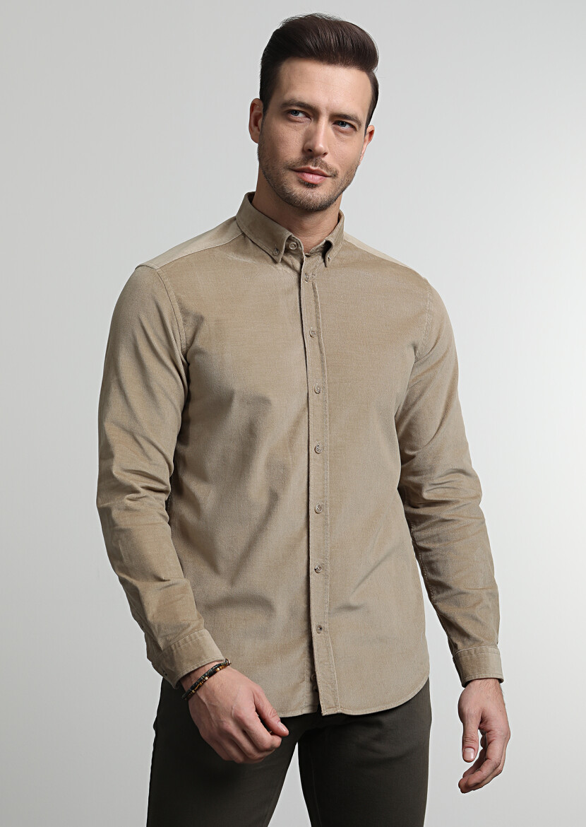 Deve Tüyü Fitilli Regular Fit Uzun Dokuma Kadife Casual Pamuk Karışımlı Gömlek - 3