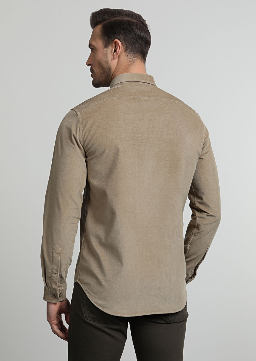 Deve Tüyü Fitilli Regular Fit Uzun Dokuma Kadife Casual Pamuk Karışımlı Gömlek - 4