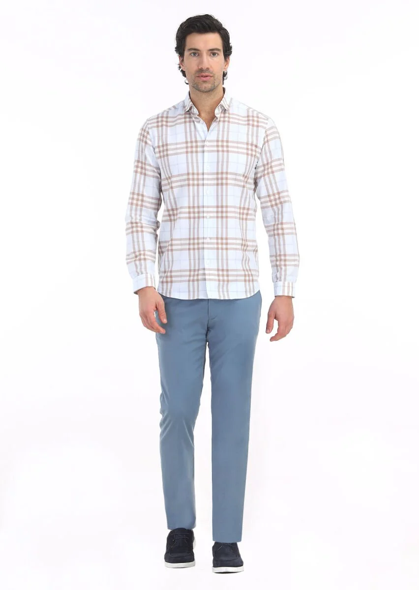 Deve Tüyü Kareli Regular Fit Dokuma Casual %100 Pamuk Gömlek - 1
