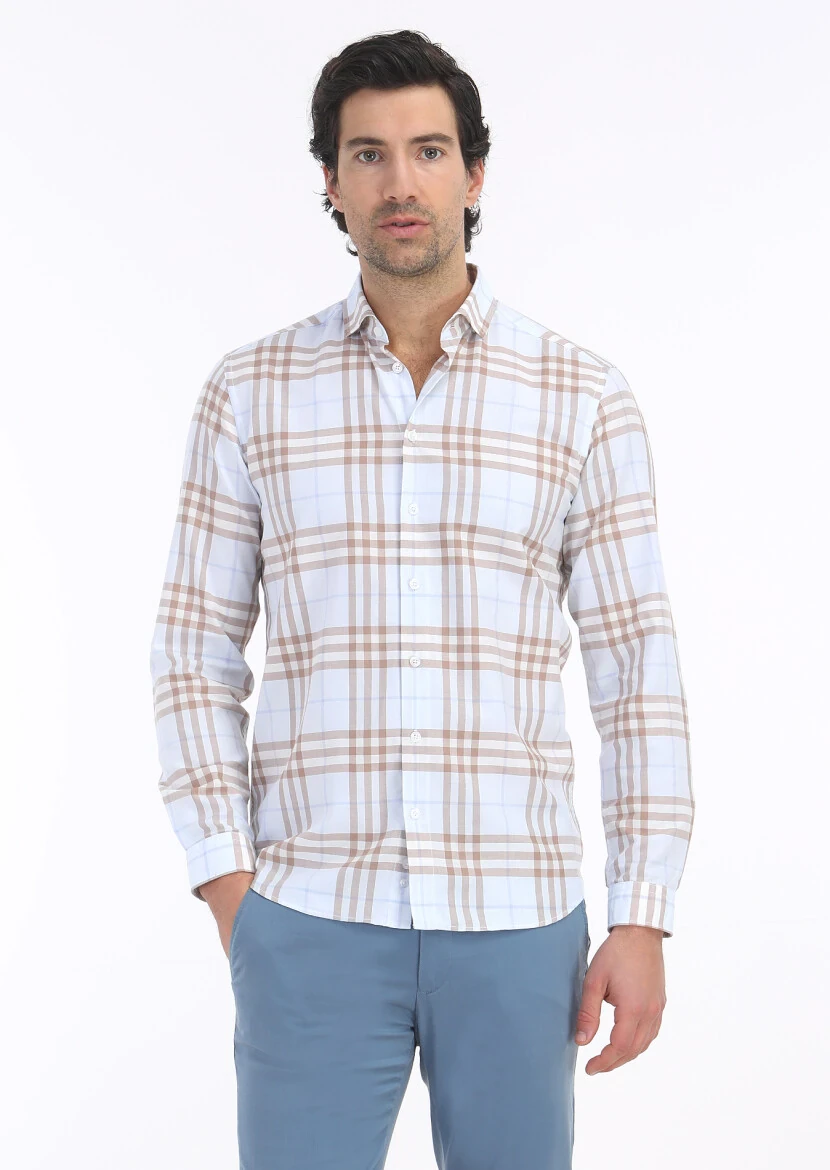 Deve Tüyü Kareli Regular Fit Dokuma Casual %100 Pamuk Gömlek - 2