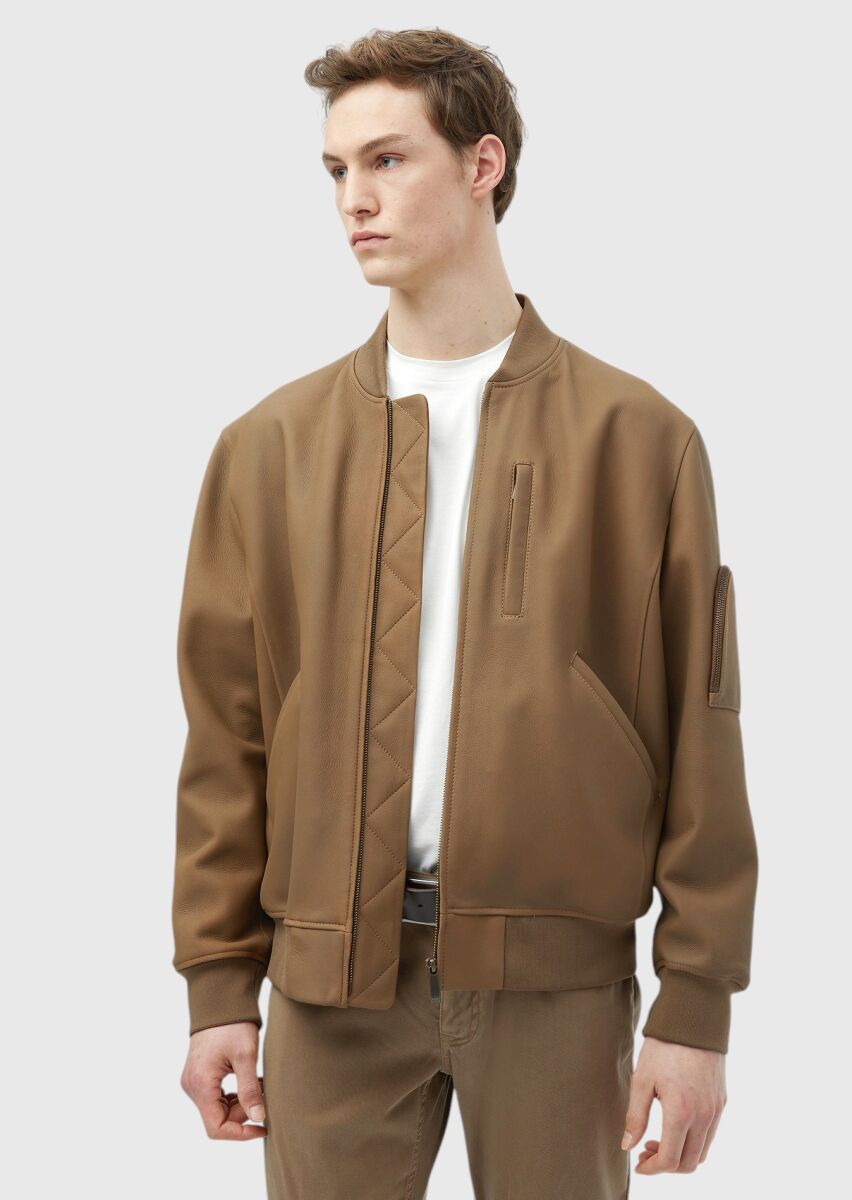 Deve Tüyü Regular Fit Dik Yaka Casual Süet Deri Mont - 1