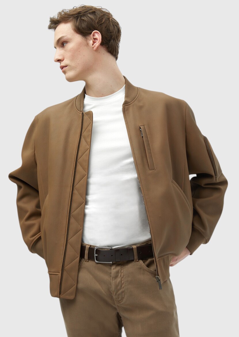 Deve Tüyü Regular Fit Dik Yaka Casual Süet Deri Mont - 3