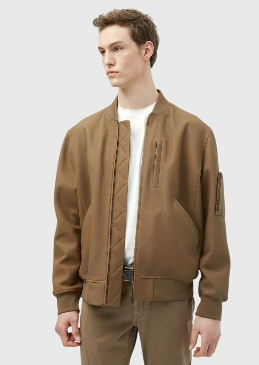 Deve Tüyü Regular Fit Dik Yaka Casual Süet Deri Mont - 1