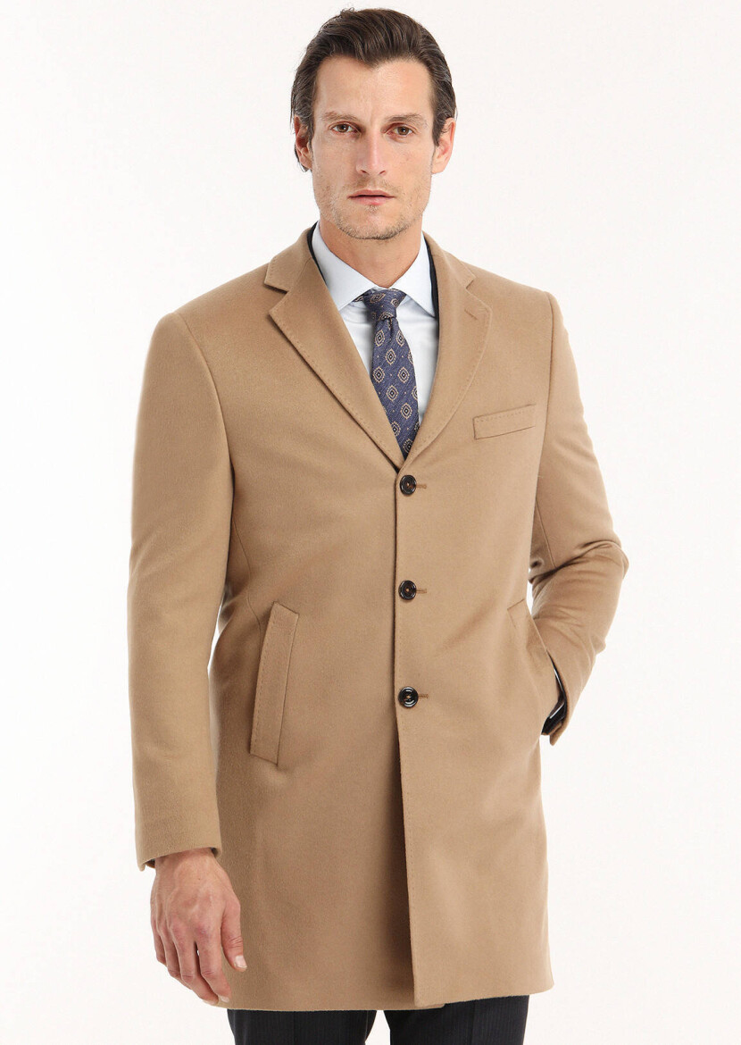 Deve Tüyü Regular Fit Kelebek Yaka Klasik Dokuma Palto - 3