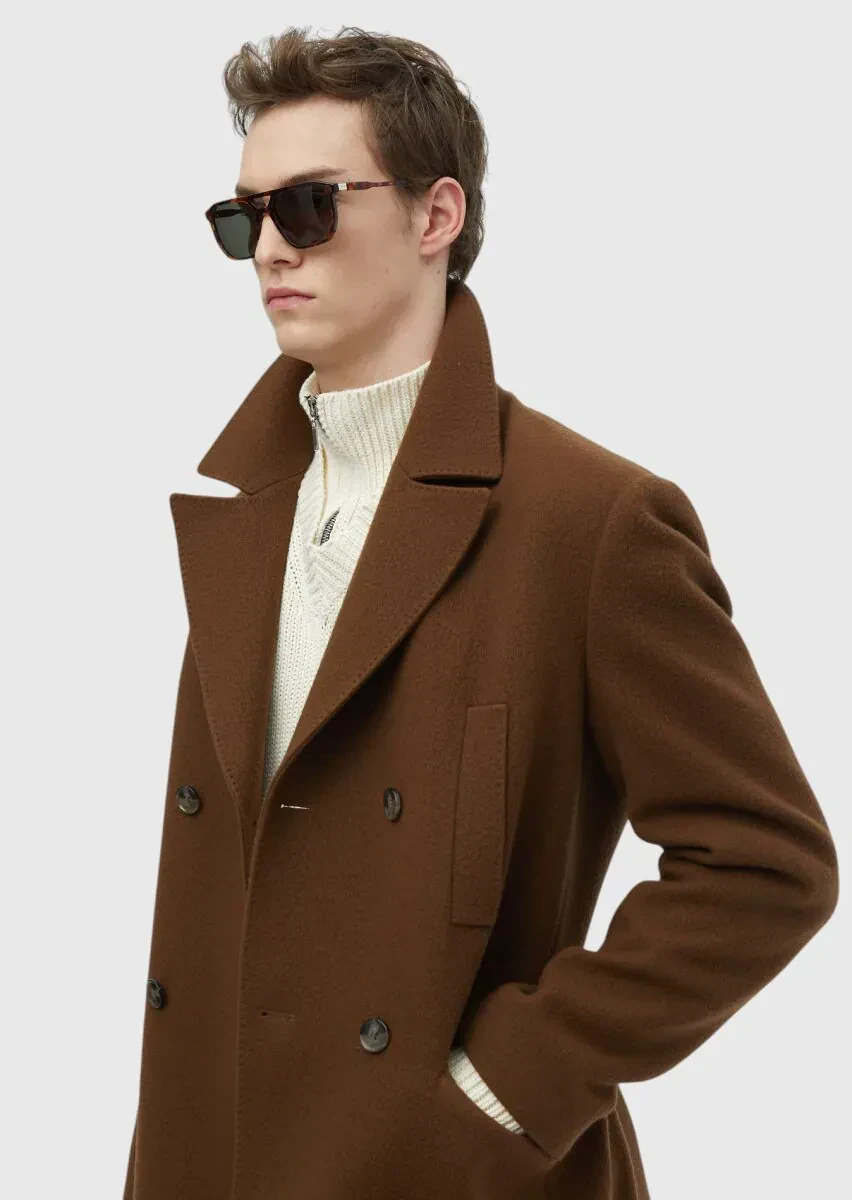 Deve Tüyü Regular Fit Kruvaze Yaka Casual Dokuma Palto - 5