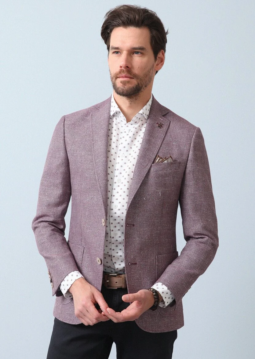 Dusty Rose Color Patterned Zeroweight Slim Fit Cotton Blended Jacket - 1