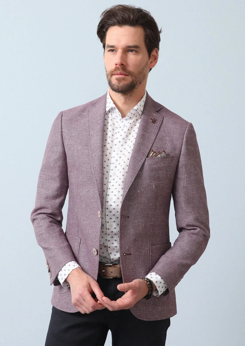 Dusty Rose Color Patterned Zeroweight Slim Fit Cotton Blended Jacket - 1
