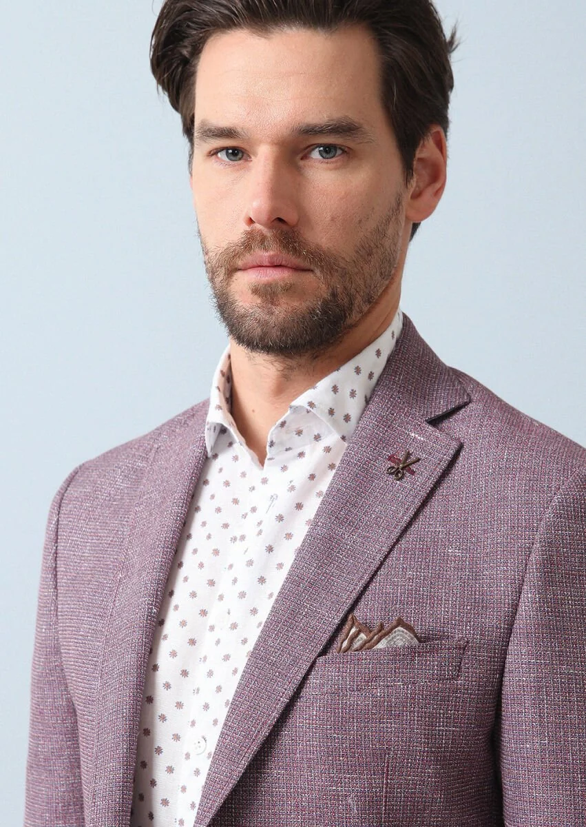 Dusty Rose Color Patterned Zeroweight Slim Fit Cotton Blended Jacket - 2