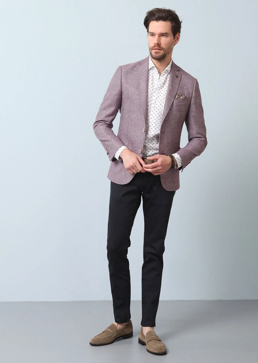 Dusty Rose Color Patterned Zeroweight Slim Fit Cotton Blended Jacket - 3