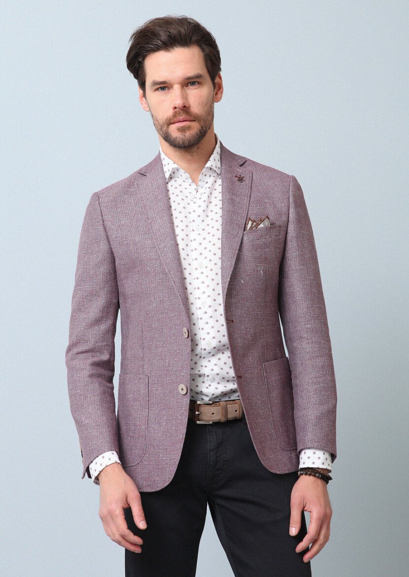 Dusty Rose Color Patterned Zeroweight Slim Fit Cotton Blended Jacket - 4