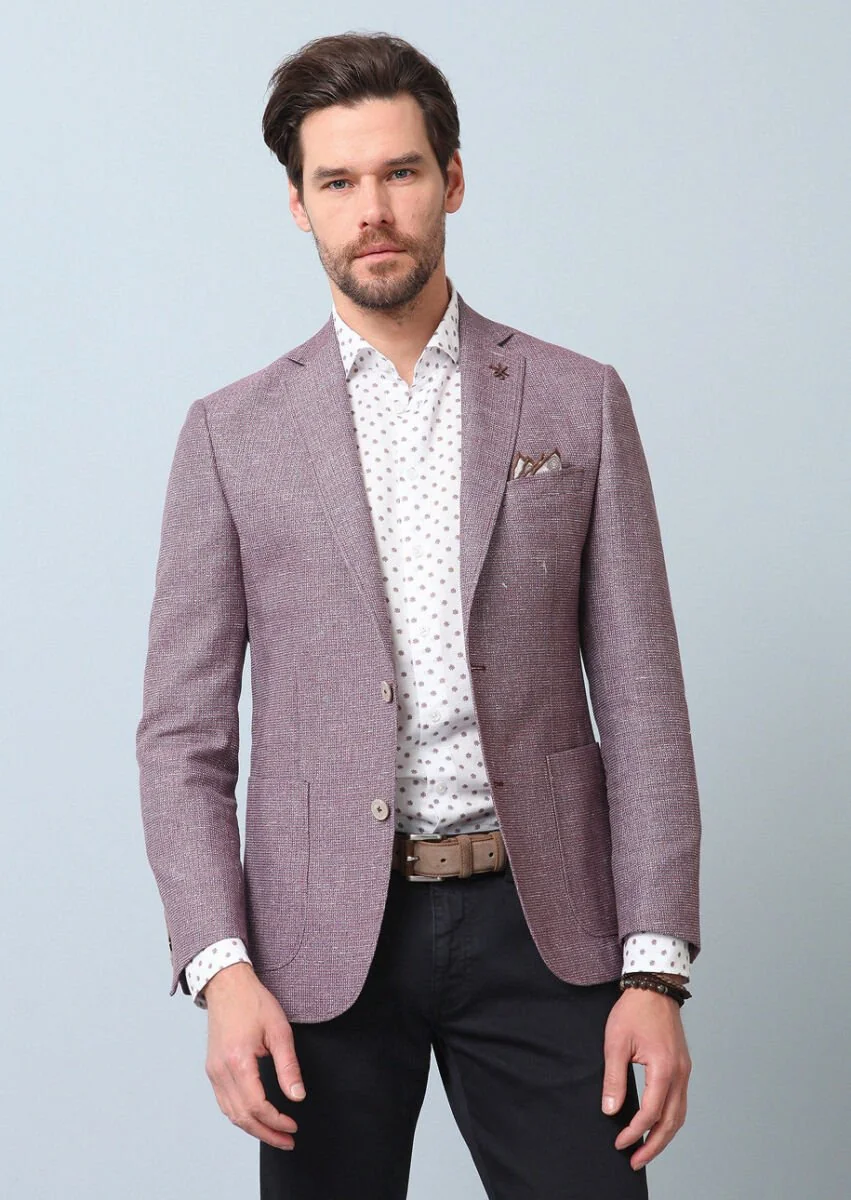 Dusty Rose Color Patterned Zeroweight Slim Fit Cotton Blended Jacket - 4