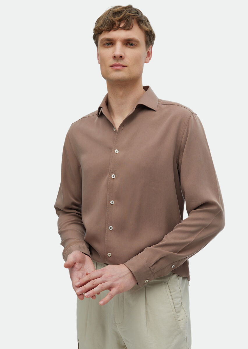 Dusty Rose Color Plain Regular Fit Long Weaving Casual Shirt - 1