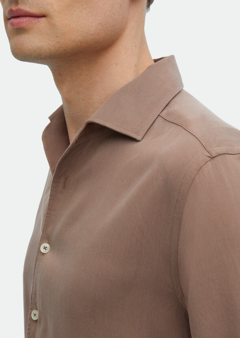 Dusty Rose Color Plain Regular Fit Long Weaving Casual Shirt - 3