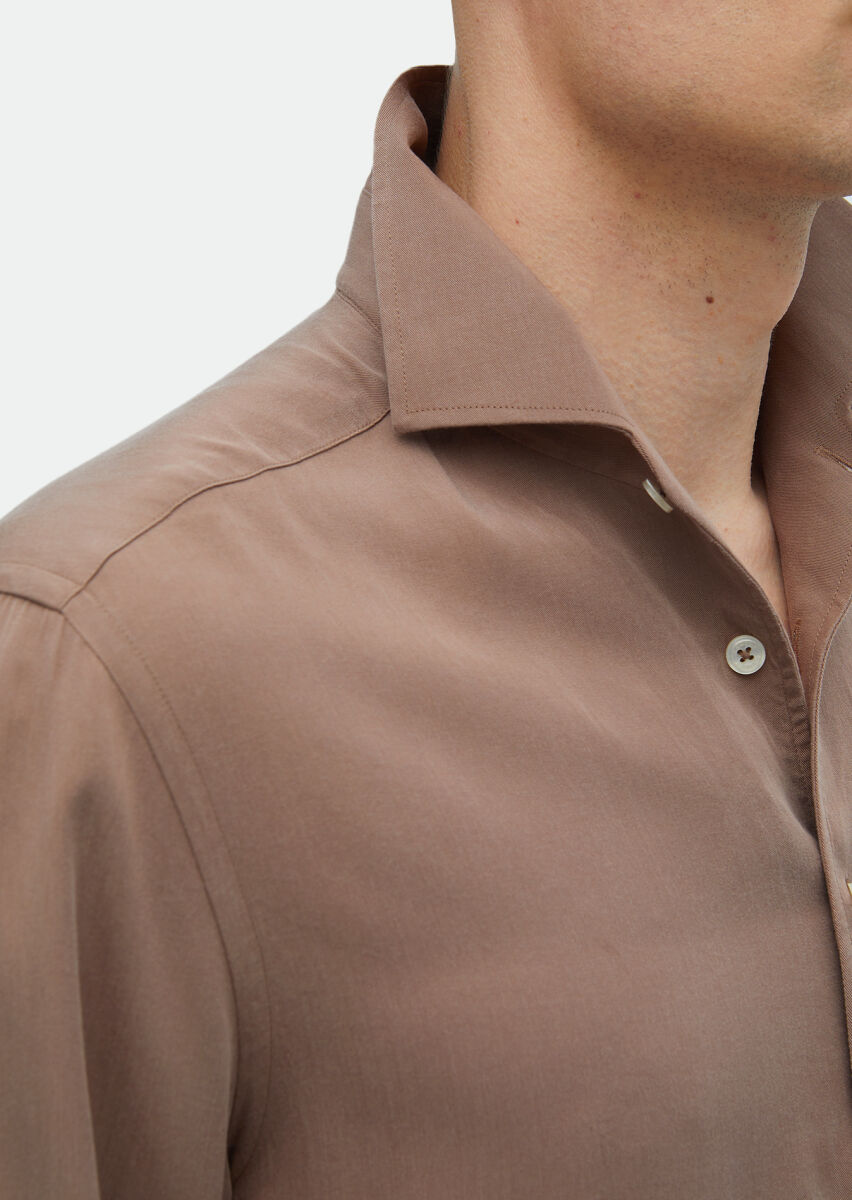 Dusty Rose Color Plain Regular Fit Long Weaving Casual Shirt - 4