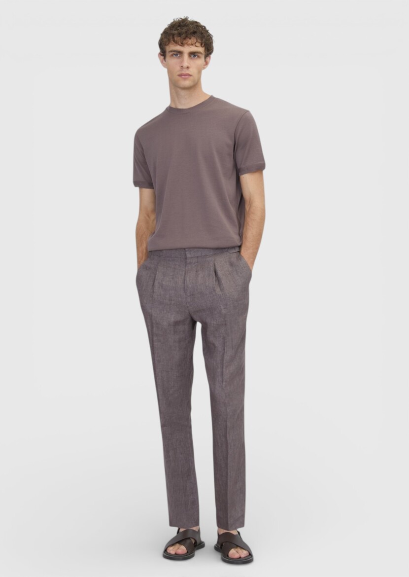 Dusty Rose Color Weaving Regular Fit Casual 100% Linen Trousers - RAMSEY