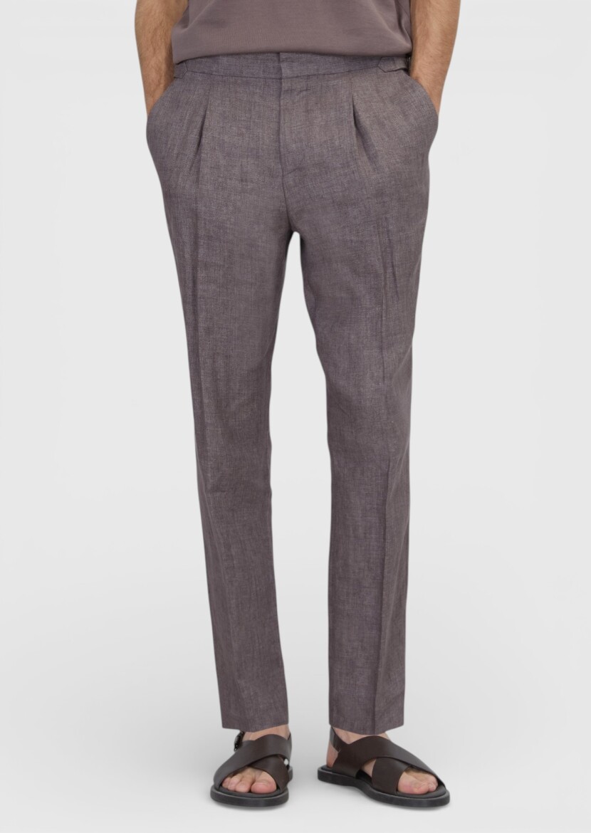 Dusty Rose Color Weaving Regular Fit Casual 100% Linen Trousers - RAMSEY