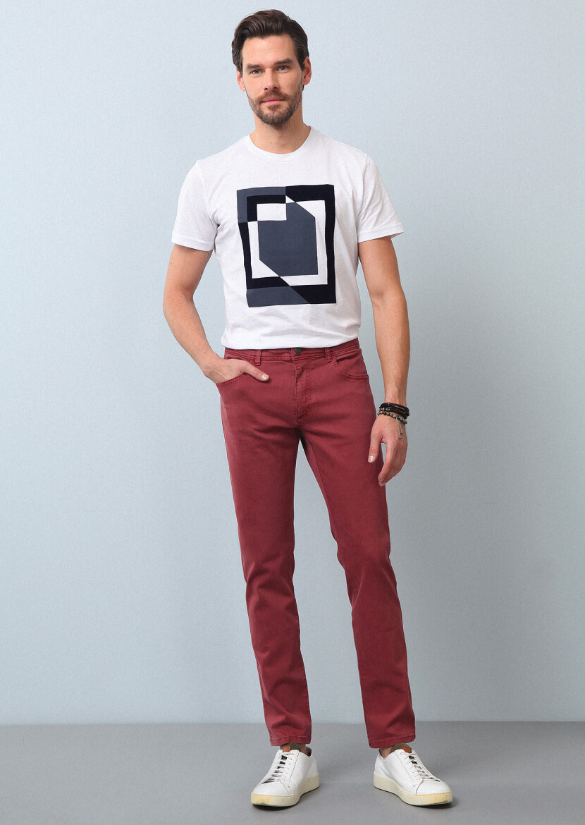 Dusty Rose Color Weaving Slim Fit Casual Cotton Blended Trousers - 1