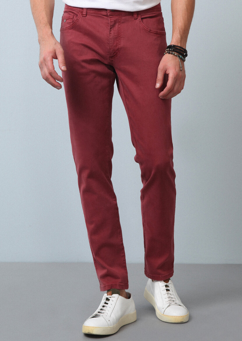 Dusty Rose Color Weaving Slim Fit Casual Cotton Blended Trousers - 2