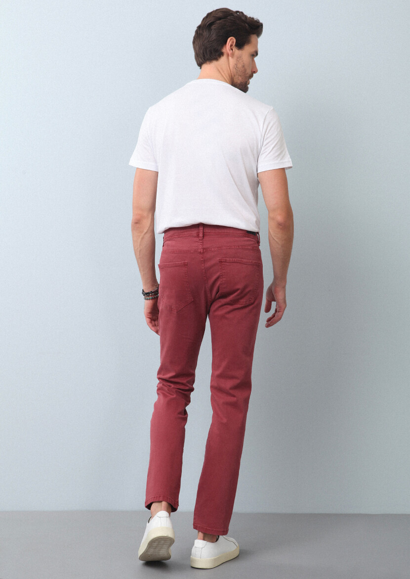 Dusty Rose Color Weaving Slim Fit Casual Cotton Blended Trousers - 4