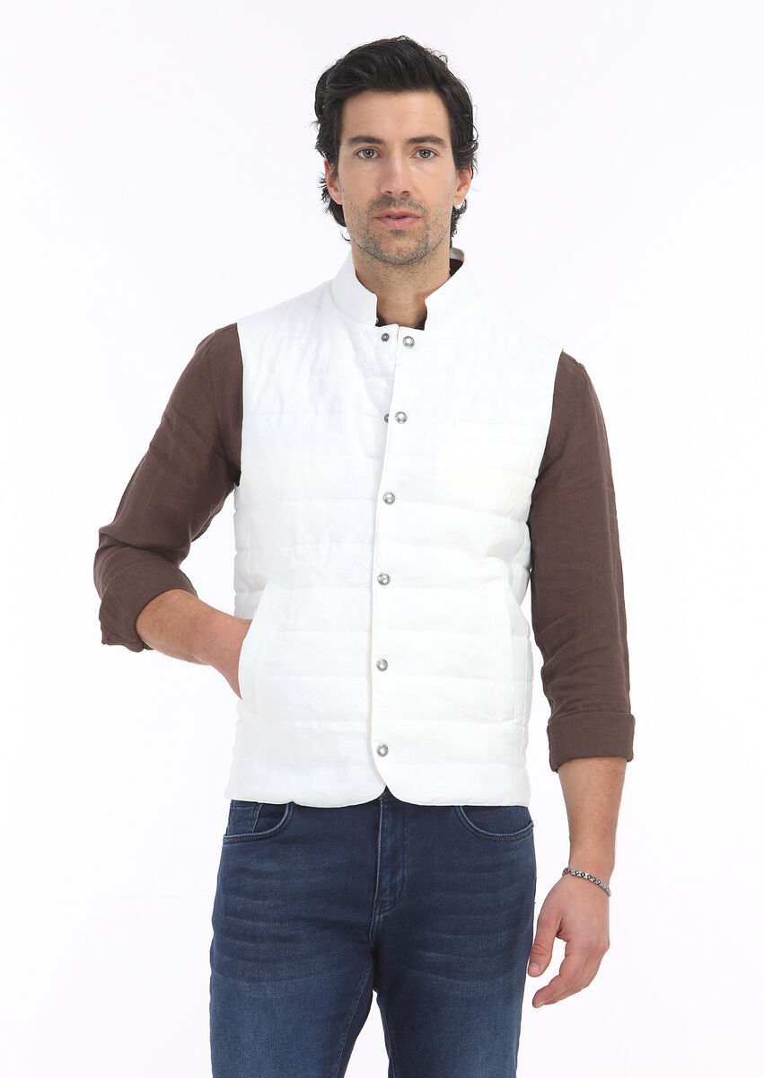 Ecru 100% Linen Weaving Puffer Vest - 2