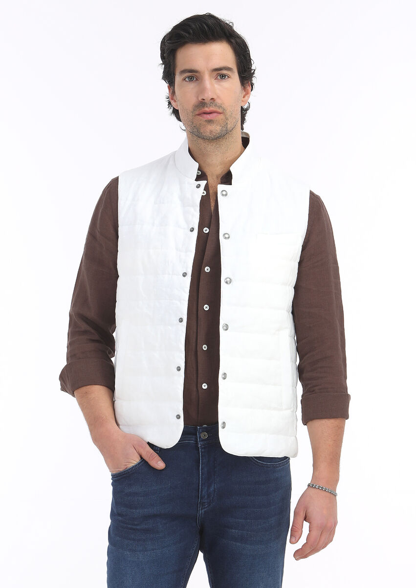 Ecru 100% Linen Weaving Puffer Vest - 3