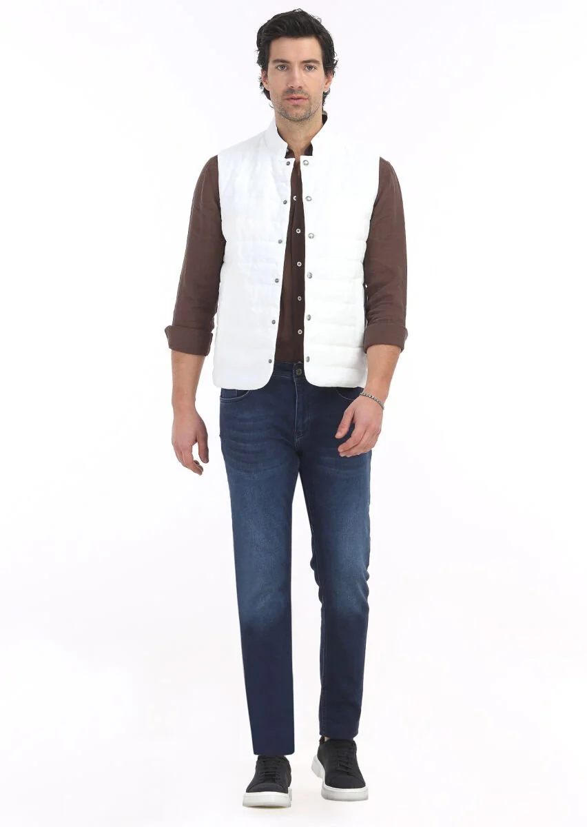 Ecru 100% Linen Weaving Puffer Vest - 1