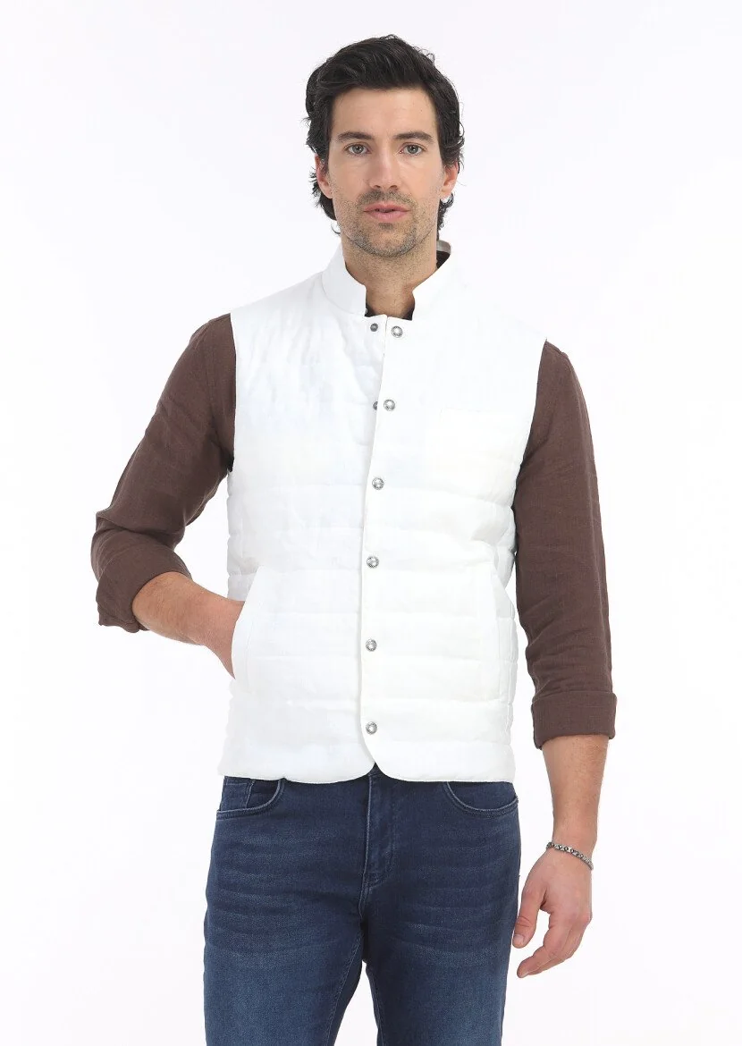 Ecru 100% Linen Weaving Puffer Vest 