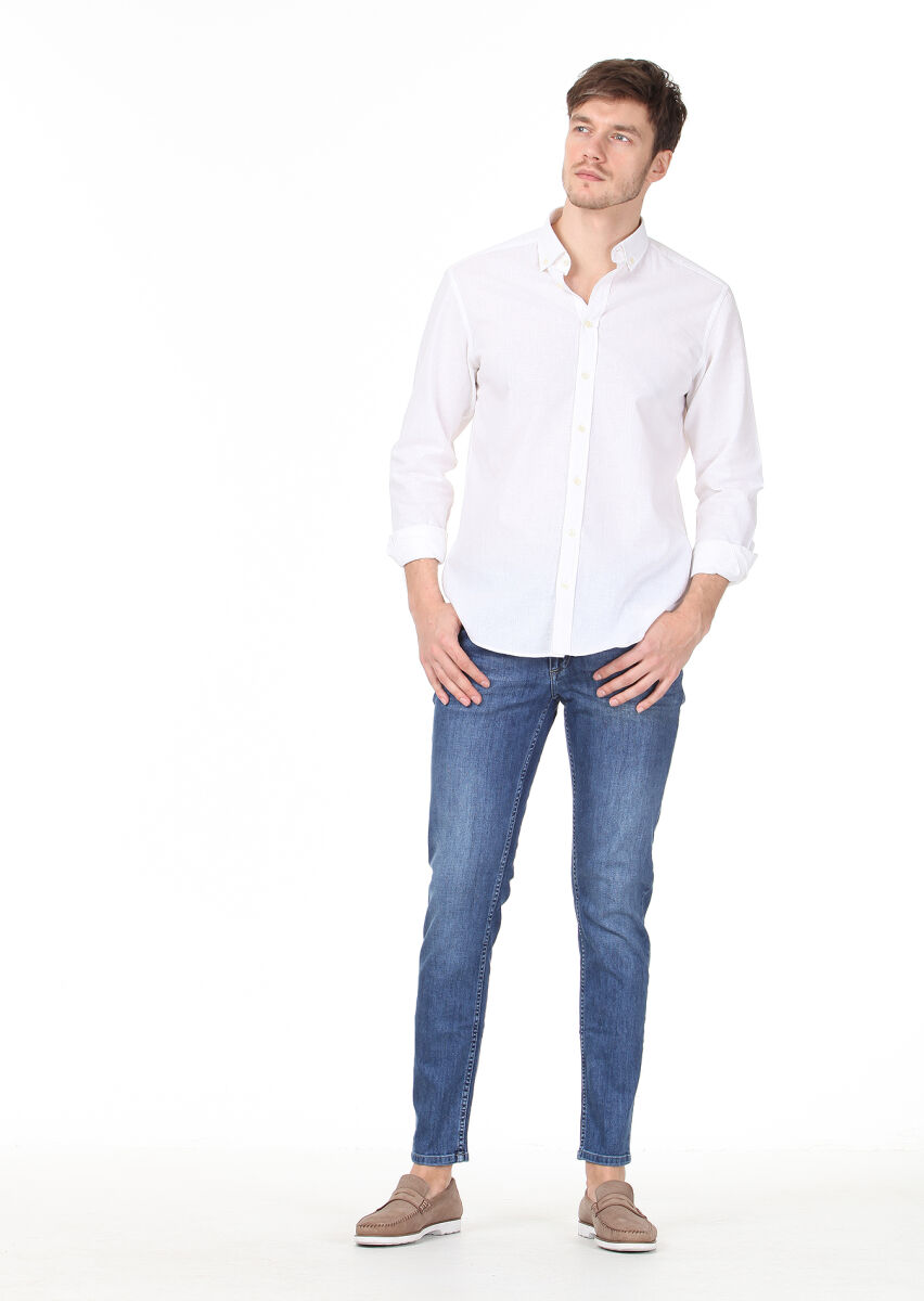 Ecru Checkered Regular Fit Long Weaving Casual Cotton Blended Shirt - 1