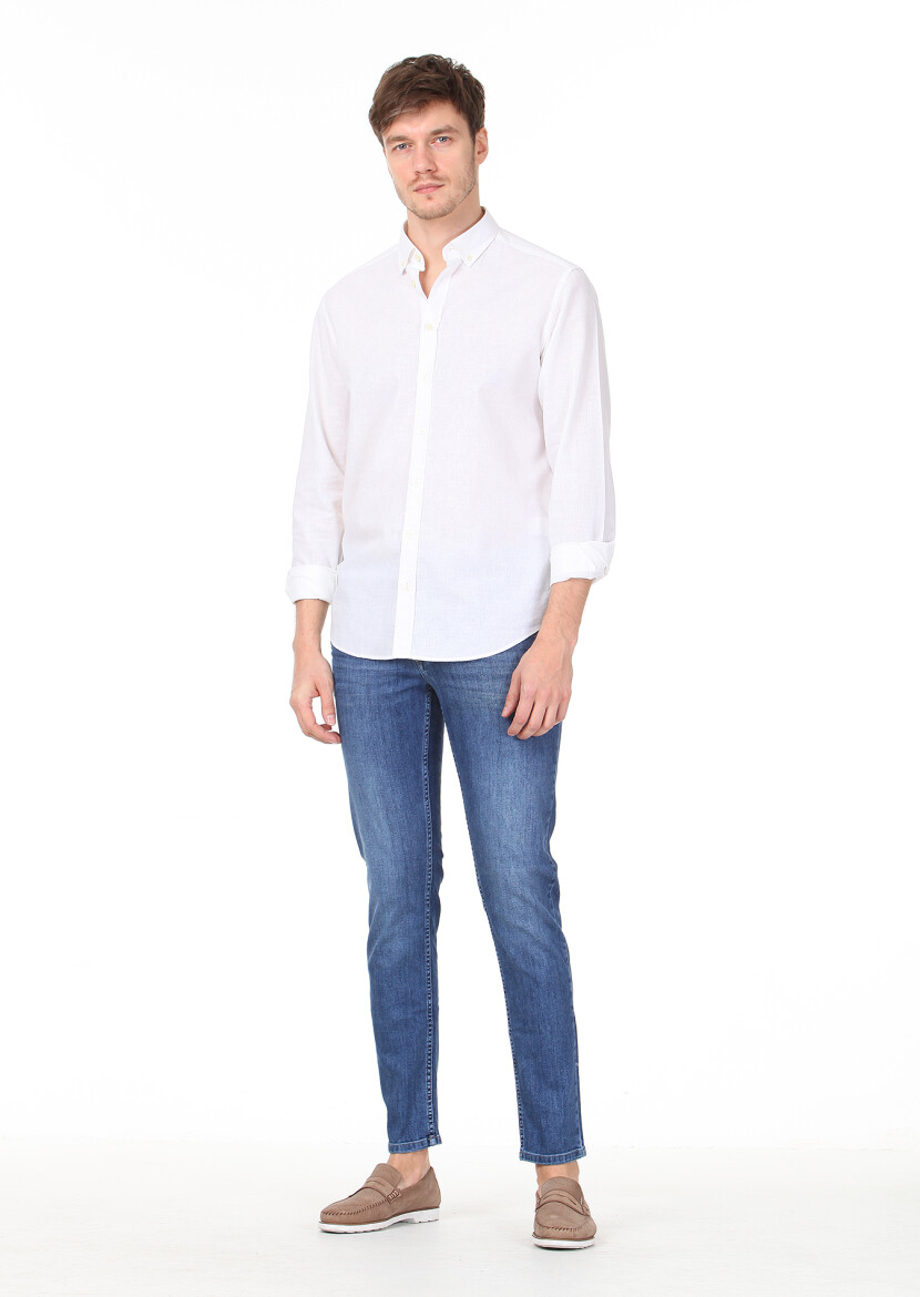 Ecru Checkered Regular Fit Long Weaving Casual Cotton Blended Shirt - 3