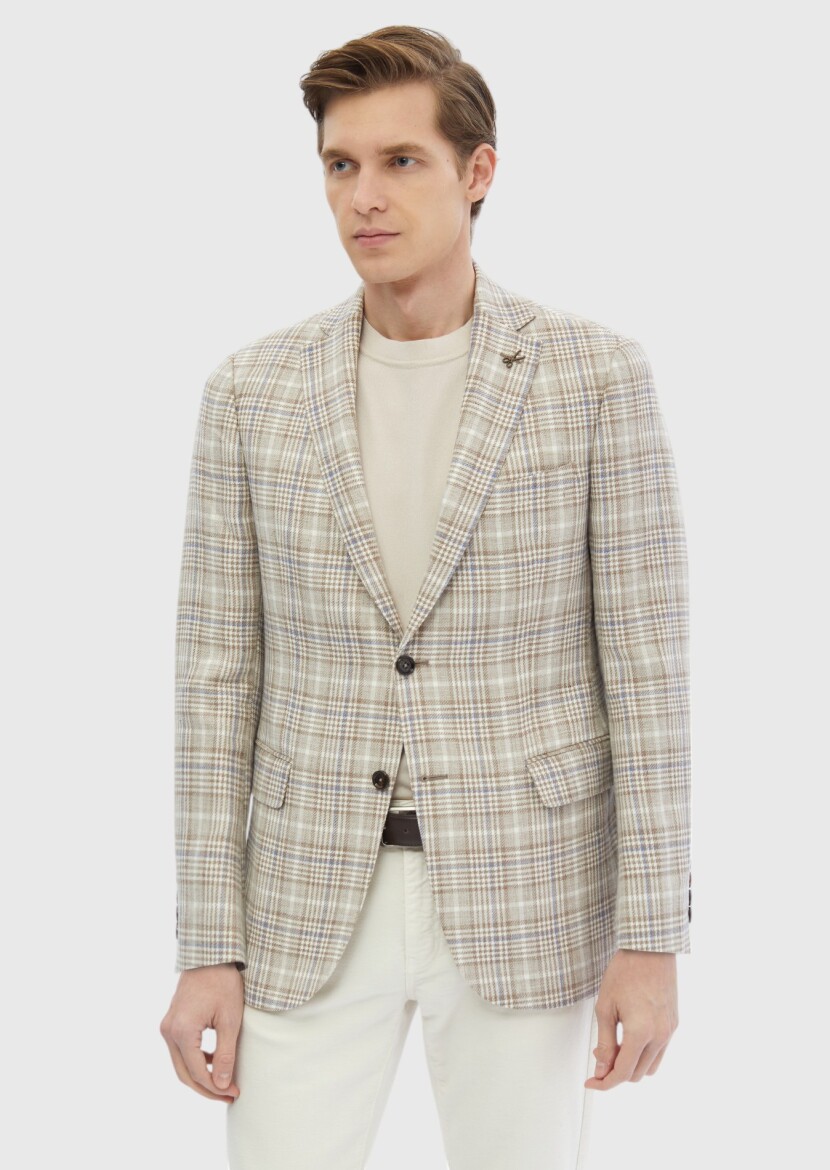 Ecru Checkered Regular Fit Wool Blended Jacket - 1