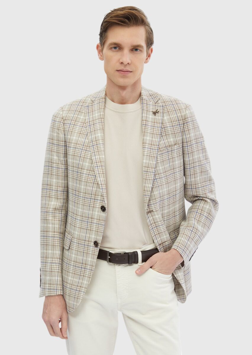 Ecru Checkered Regular Fit Wool Blended Jacket - 3