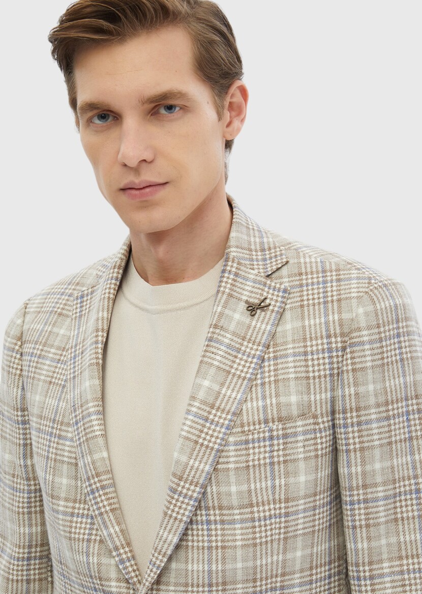 Ecru Checkered Regular Fit Wool Blended Jacket - 4