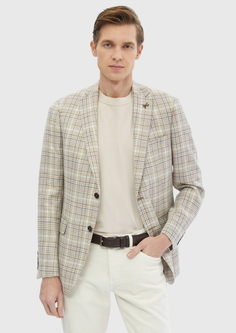 Ecru Checkered Regular Fit Wool Blended Jacket - 3
