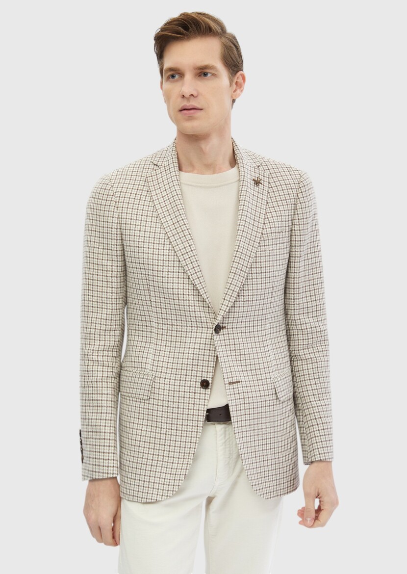Ecru Checkered Regular Fit Wool Blended Jacket - RAMSEY