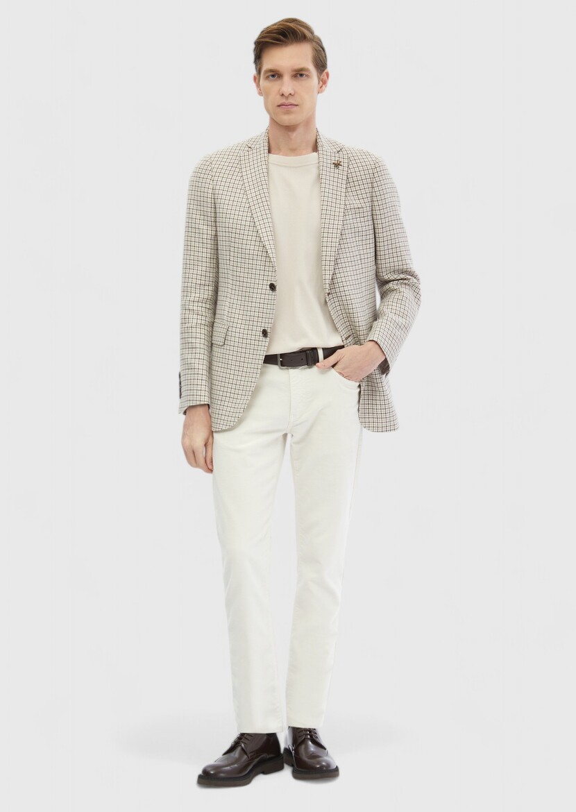 Ecru Checkered Regular Fit Wool Blended Jacket - RAMSEY