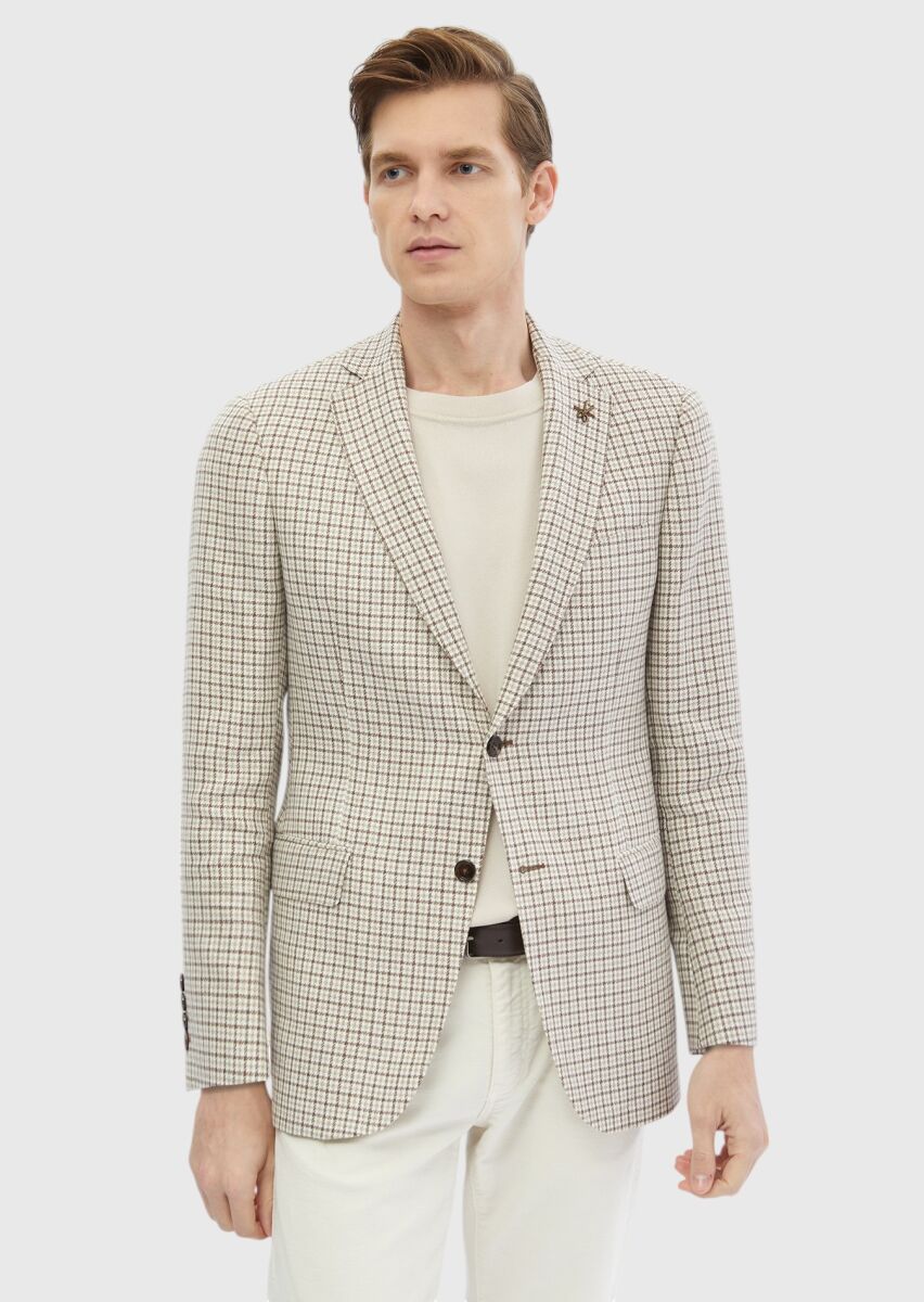 Ecru Checkered Regular Fit Wool Blended Jacket - 1