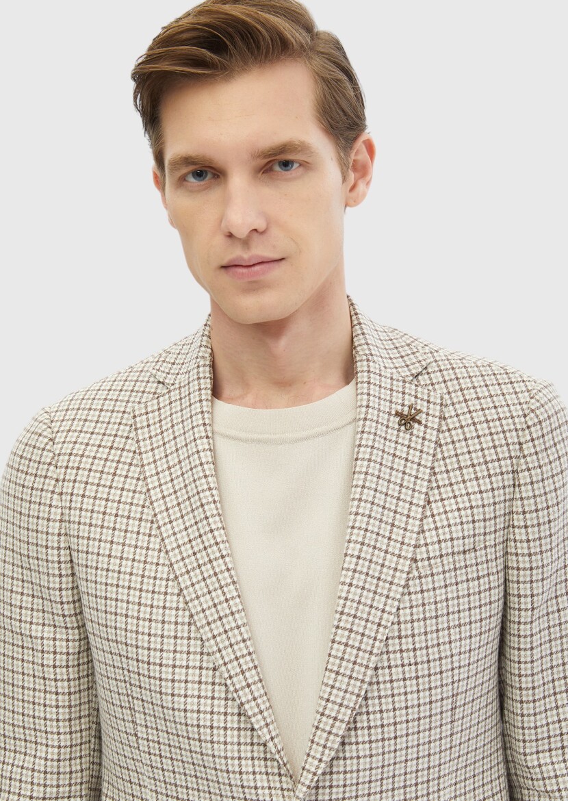 Ecru Checkered Regular Fit Wool Blended Jacket - 4