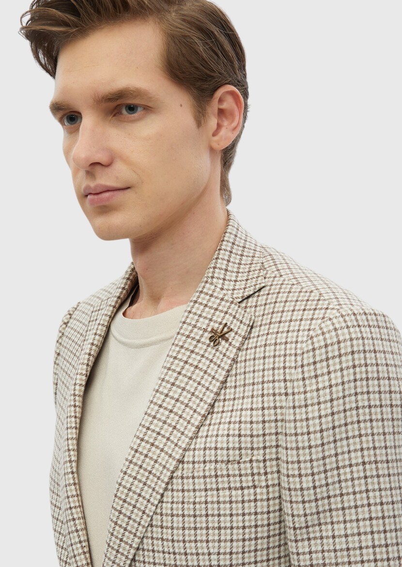 Ecru Checkered Regular Fit Wool Blended Jacket - 5