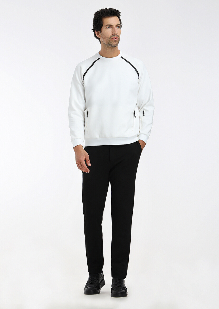 Ecru Crew Neck Plain Sweatshirt - 1