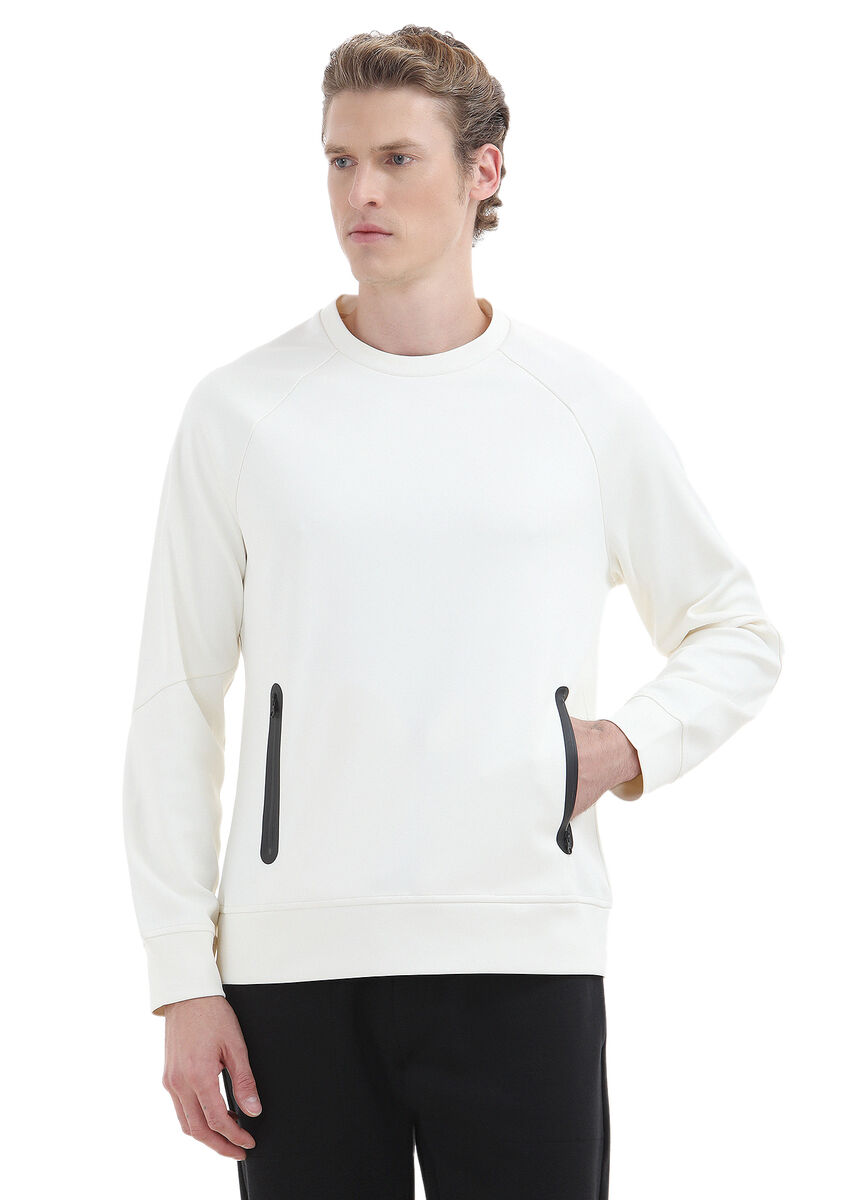 Ecru Crew Neck Plain Sweatshirt - 1