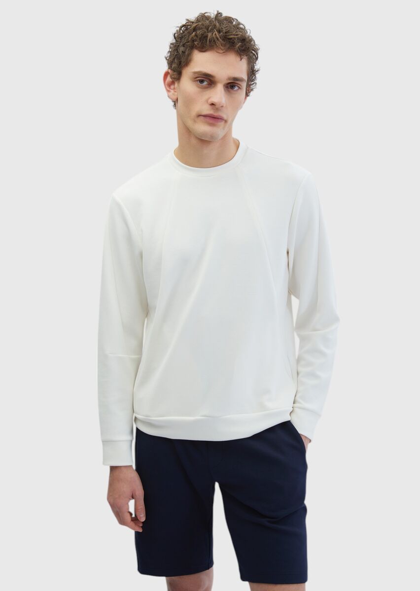 Ecru Crew Neck Plain Sweatshirt - 1