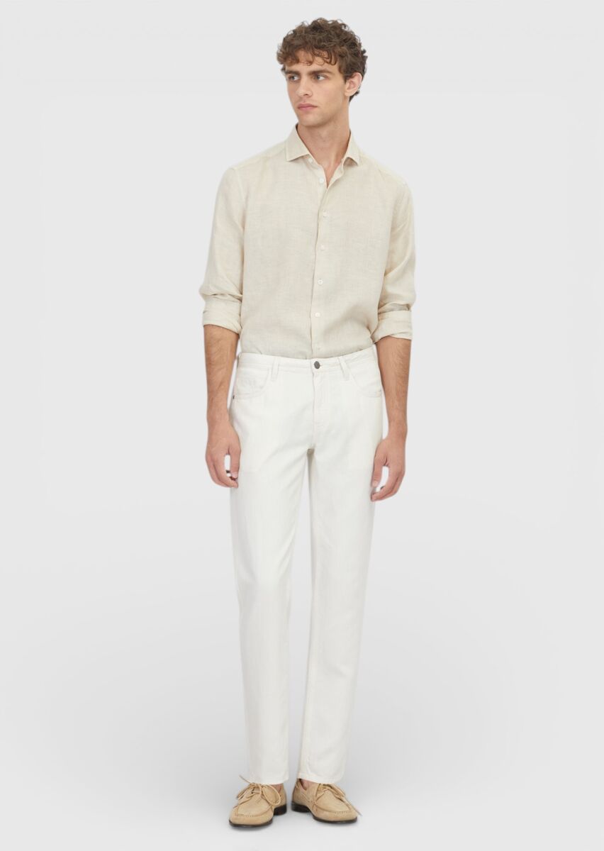 Ecru Denim Regular Fit Casual Cotton Blended Trousers - 1