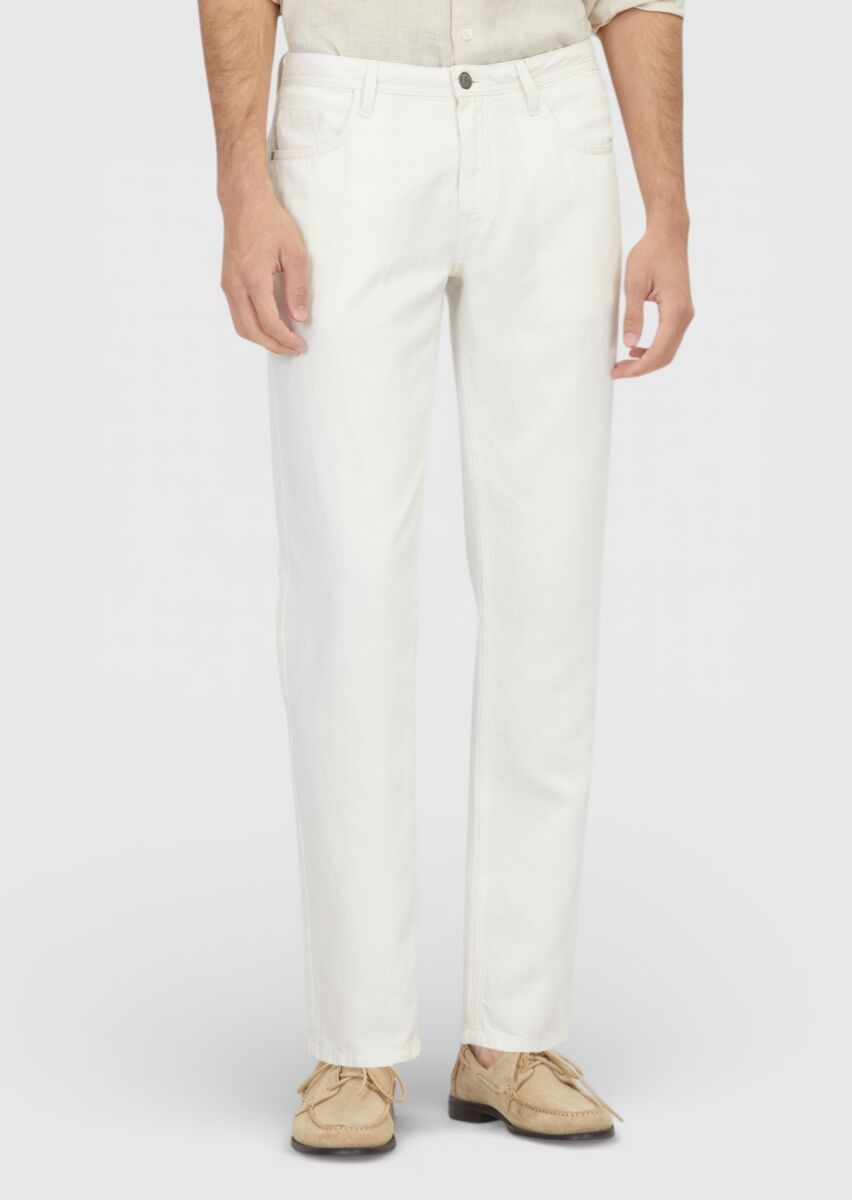 Ecru Denim Regular Fit Casual Cotton Blended Trousers - 2