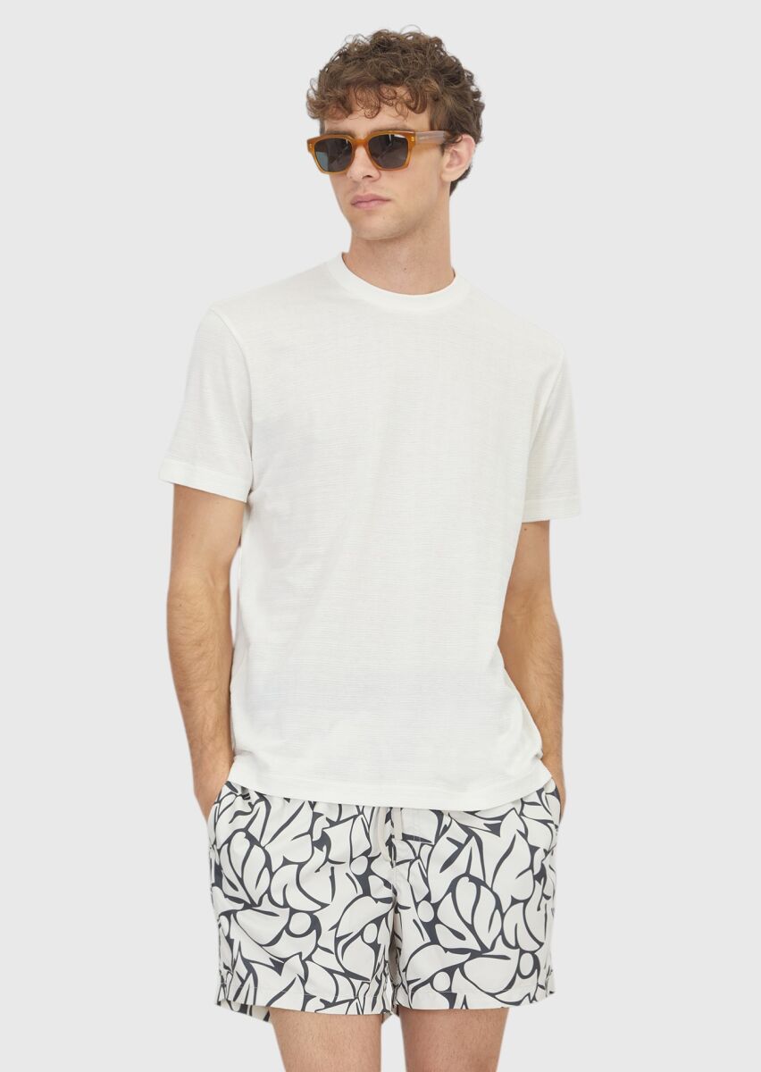 Ecru Jacquard 100% Cotton T-Shirt - 1