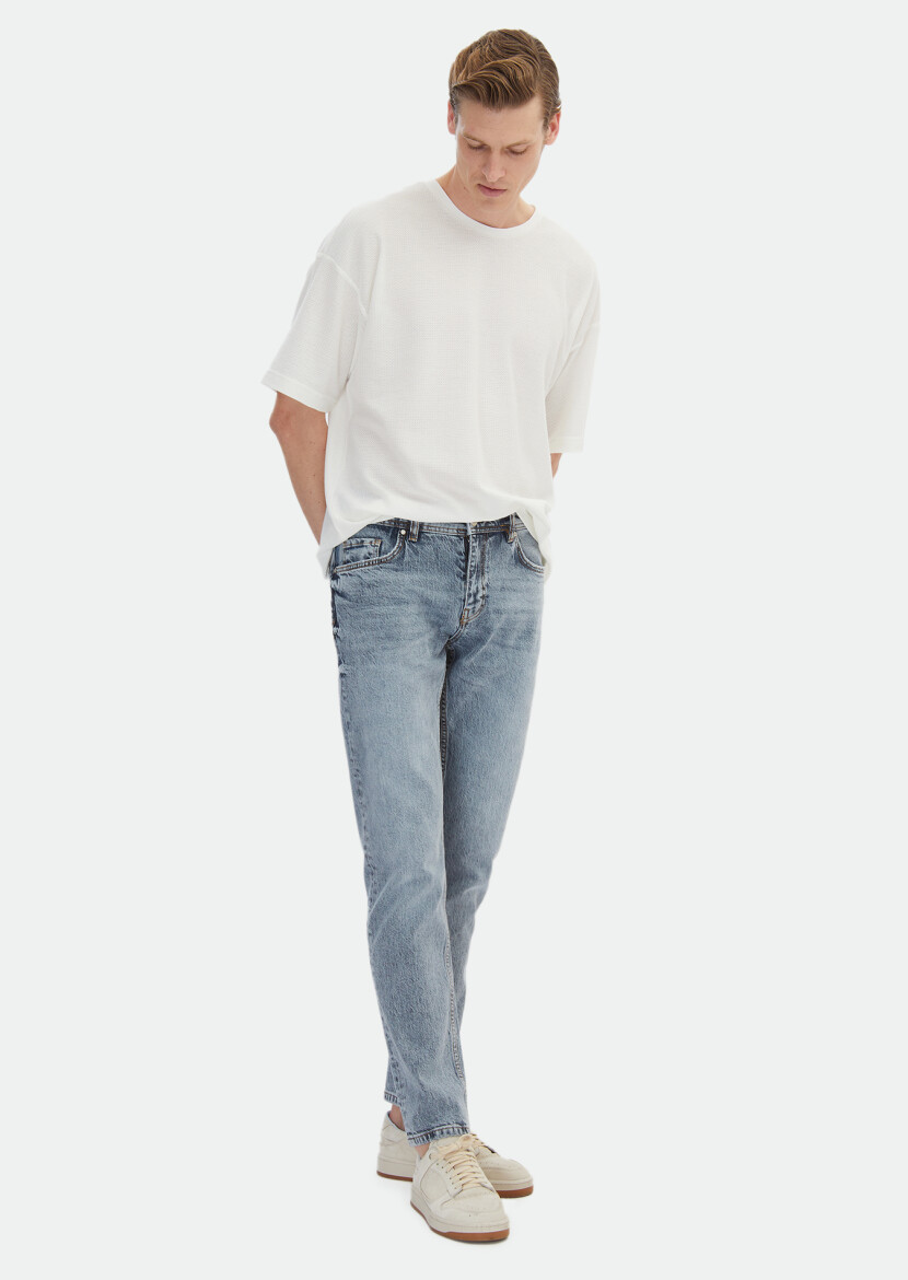 Ecru Jacquard Crew Neck 100% Cotton T-Shirt 