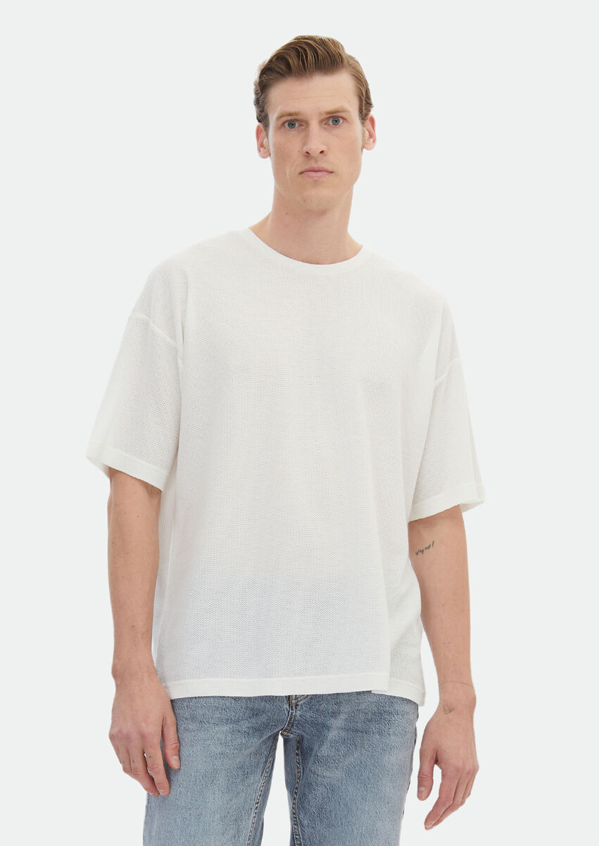 Ecru Jacquard Crew Neck 100% Cotton T-Shirt - 3