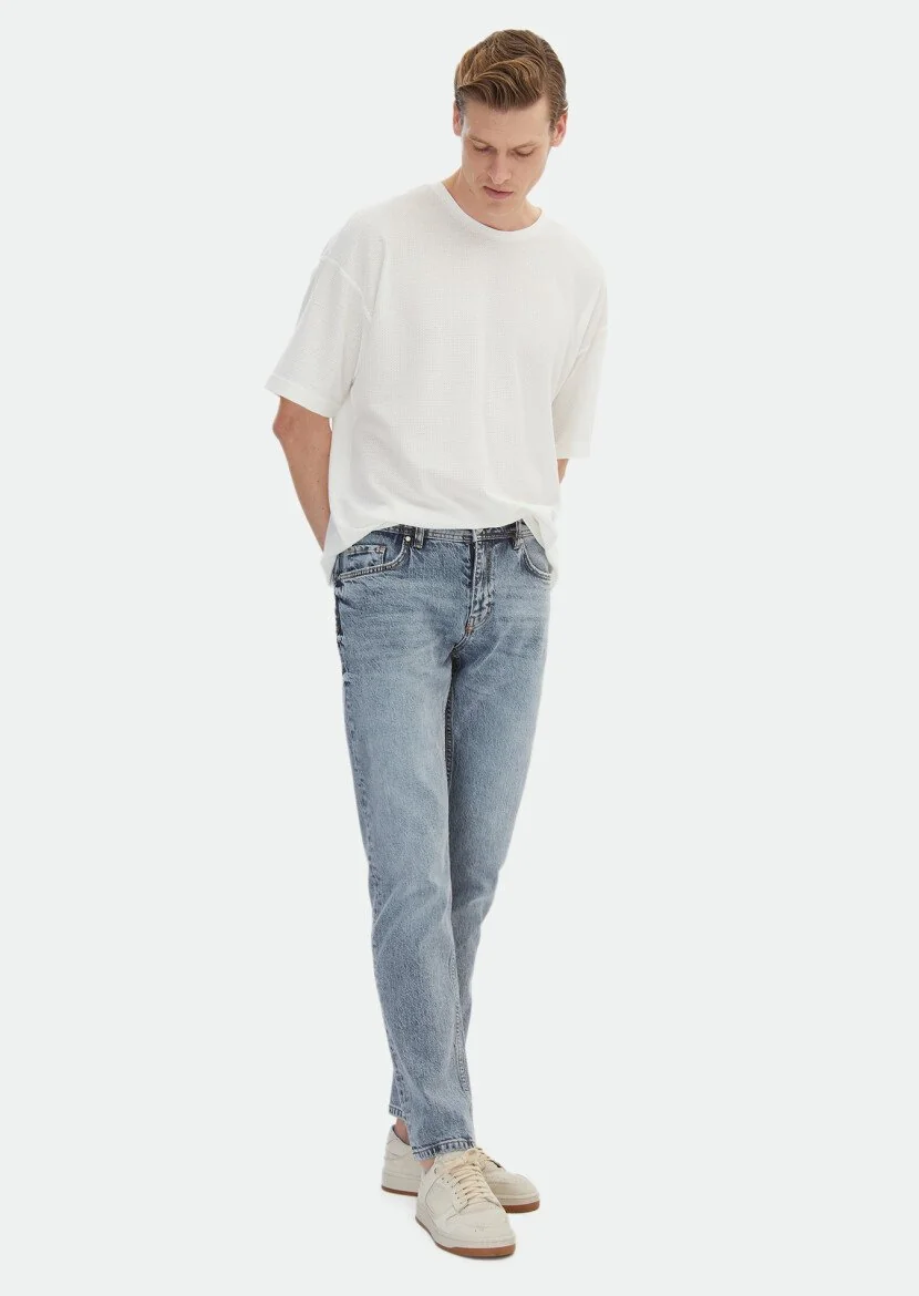 Ecru Jacquard Crew Neck 100% Cotton T-Shirt 