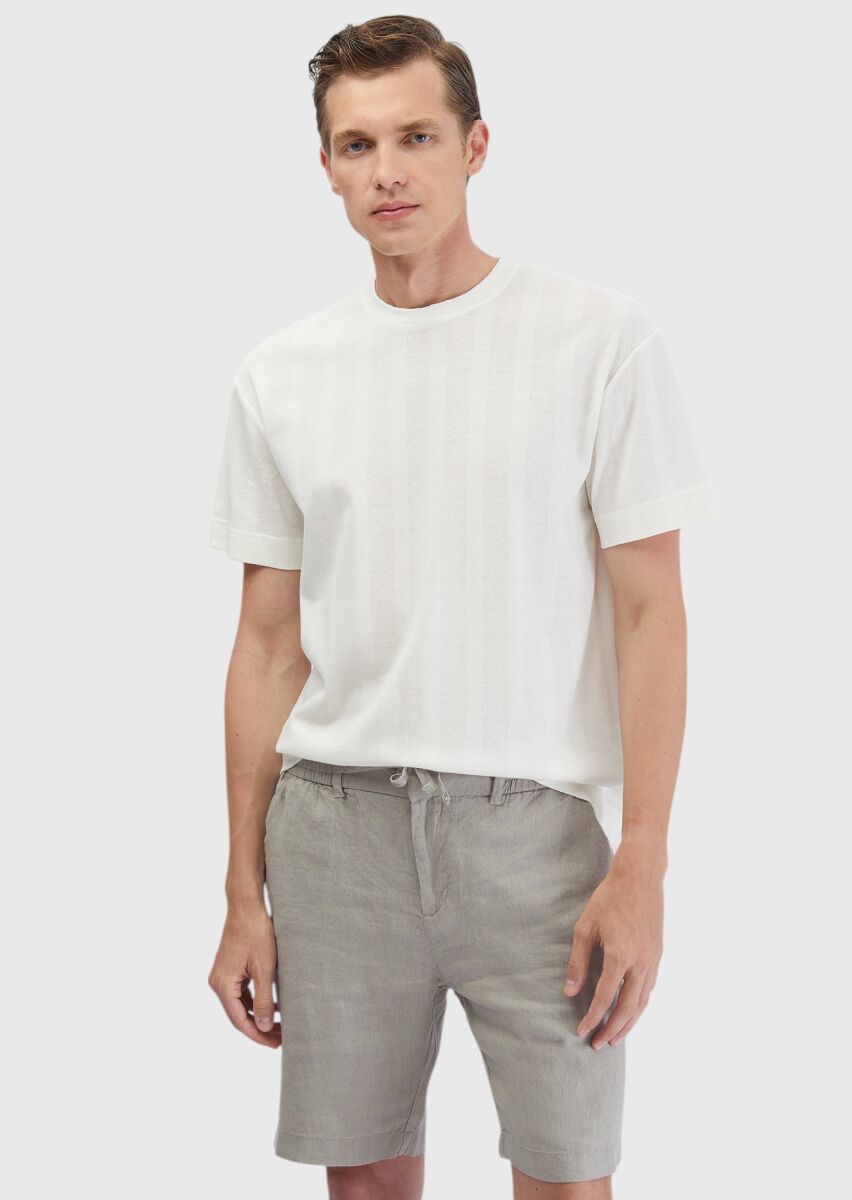 Ecru Jacquard Crew Neck 100% Cotton T-Shirt - 1