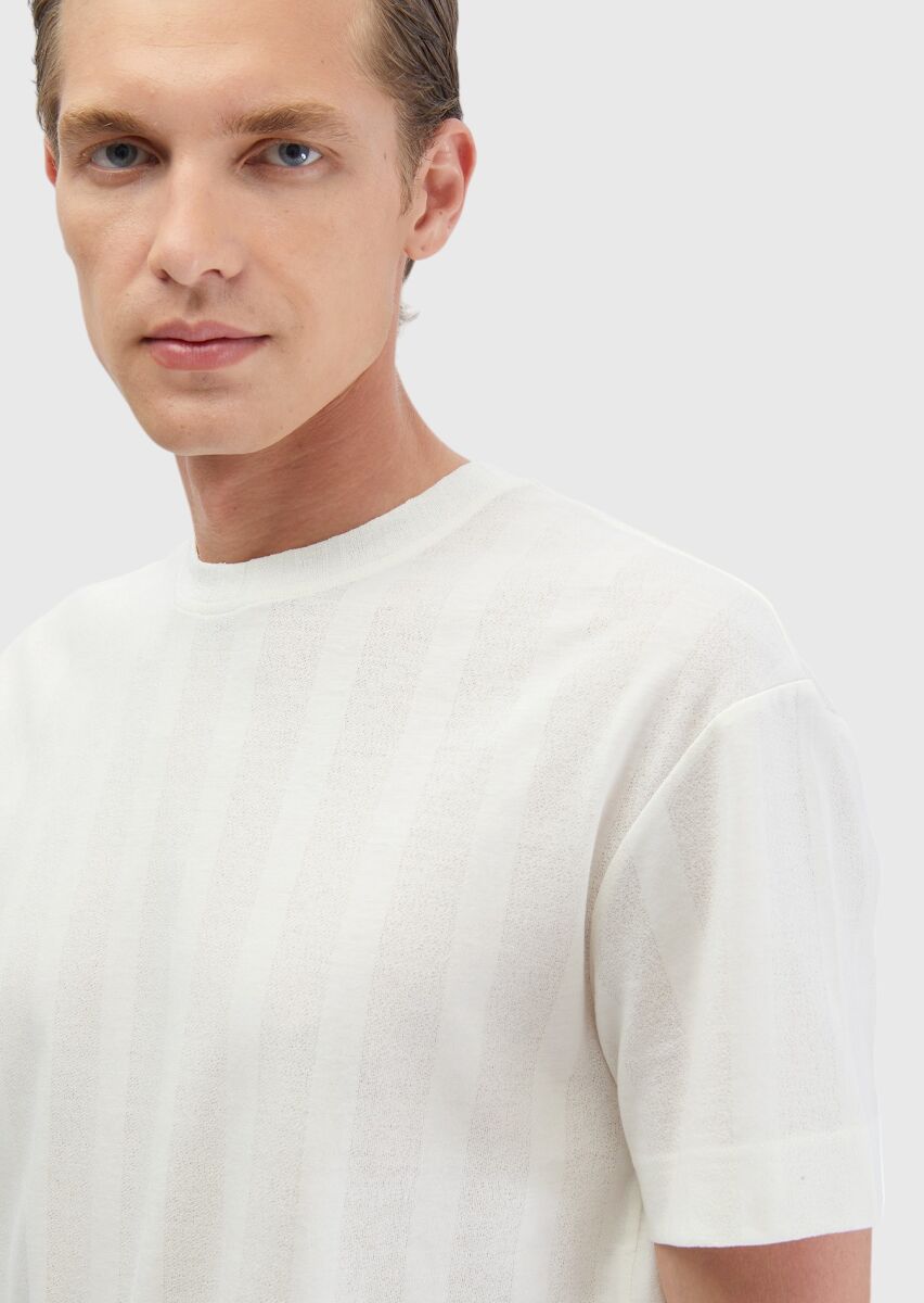 Ecru Jacquard Crew Neck 100% Cotton T-Shirt - 3